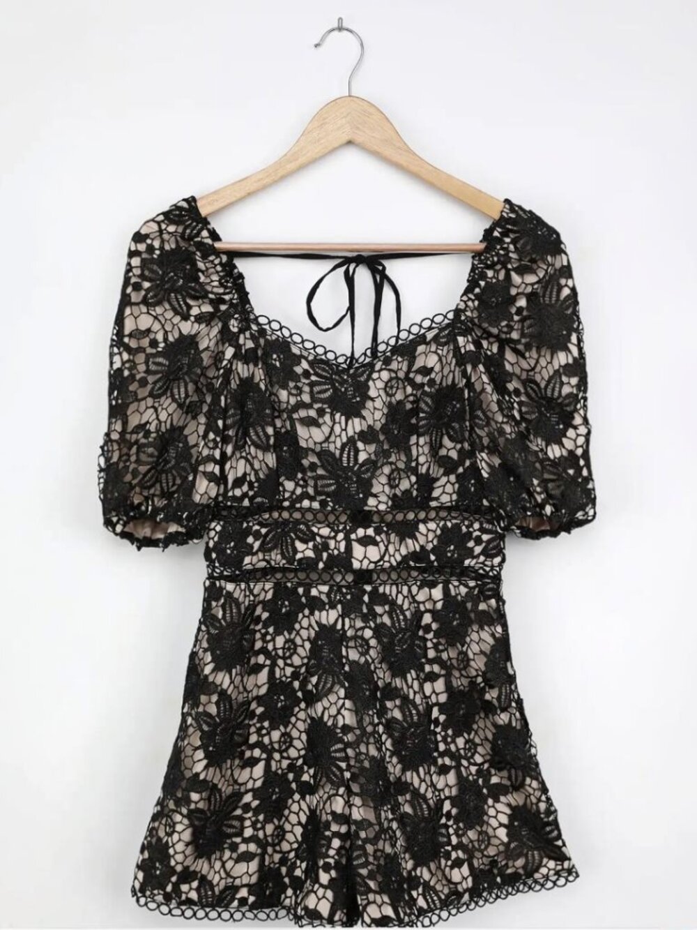 NWT Lulus Let Me Mesmerize You Black Crochet Lace Puff Sleeve Romper (size S) - Picture 5 of 11